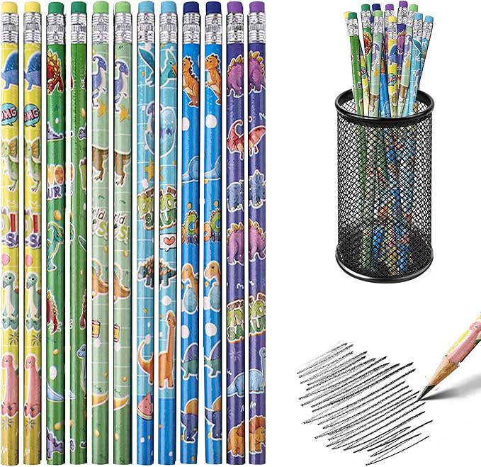 12 Pieces Dinosaur Pencils Dino Pencils with Eraser, Assorted Colorful Pencils, Novelty Fun Wood Pencils for Dinosaur Themed Birthday Party Favor,School Classroom Rewards Pencils