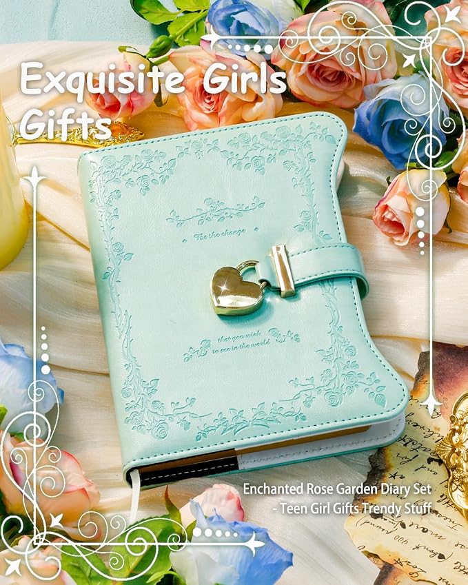 Hoci Poci Diary with Lock and Keys for Girls Gift Ideas, 360 Pages Journal | Elegant Gift Box for Teen Girls, B6 Gold Edged Pages Refillable Notebook with Pen and Bookmark for Writing, Garden Aqua