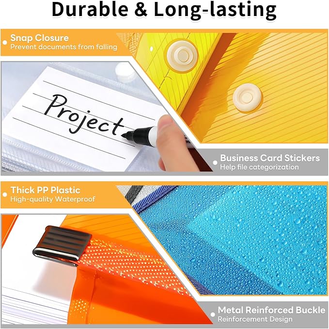 Plastic Expanding File Folder, Transparent Envelopes with Snap Closure | No Dividers, Large Capacity, Assorted Colors, Accordion Folder Organizer for File Folder, Fits Letter / A4 Size, 10 Pack