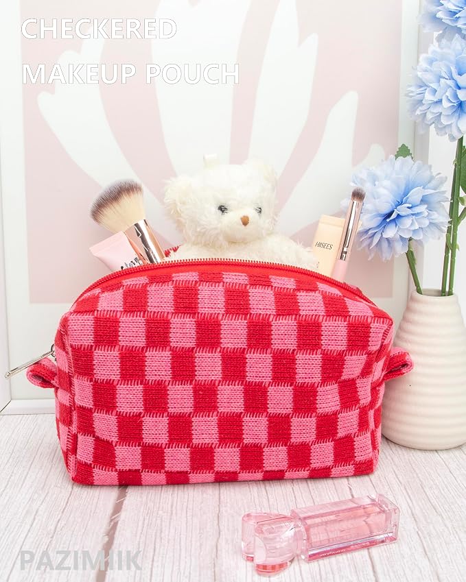 Checkered Makeup Bag for Purse, Small Travel Cosmetic Pouch,Red Pink | Cute Zipper Makeup Organizer for Women, Travel Essentials, Toiletries, Makeup Brushes, Beauty Accessories&Bridesmaid Gifts
