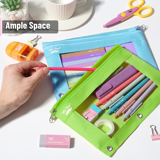 Mr. Pen- Pencil Pouch for 3 Ring Binder, 2 Pack, 10"x6.75", Smooth Zipper | Clear Window, Large Capacity Pencil Case with 3 Reinforced Grommets for School, Office, Supplies Storage | Clear Window, Large Capacity Pencil Case with 3 Reinforced Grommets f...