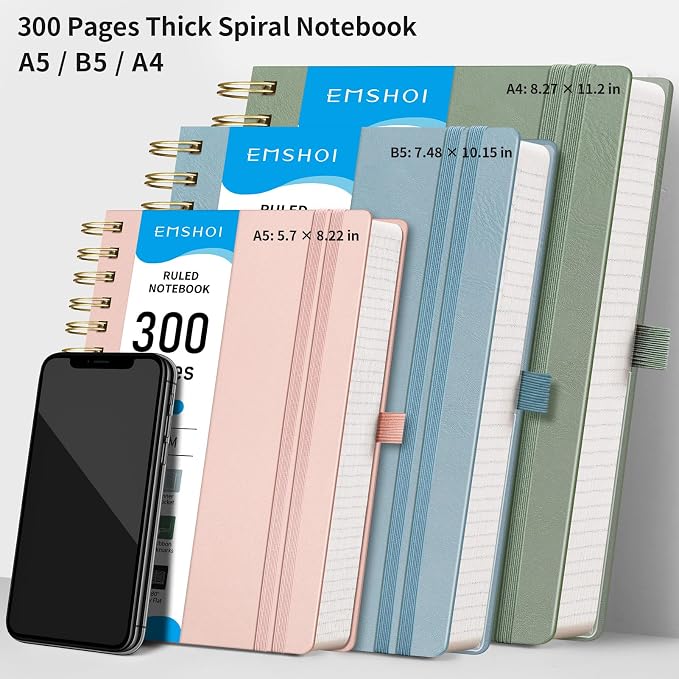 EMSHOI Lined Spiral Journal Notebook, 300 Numbered Pages, B5 (7.4"x10") | College Ruled, Leather Hardcover, 100 GSM Thick Paper, for School, Writing, Work, Office & Journaling (Light Green)