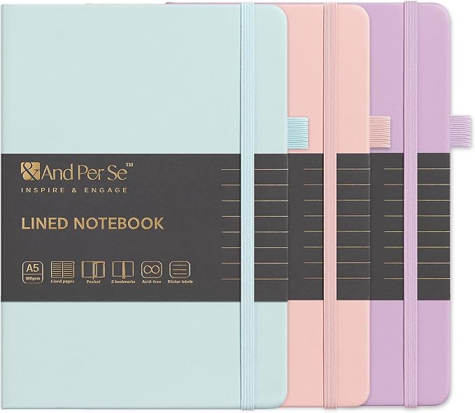 &And Per Se Lined Notebooks 3-Pack Gift Set, A5 Hardcover Journals, 160 Pages 100gsm Thick Paper, 3 Assorted Colors (Cyan, Pink & Purple)