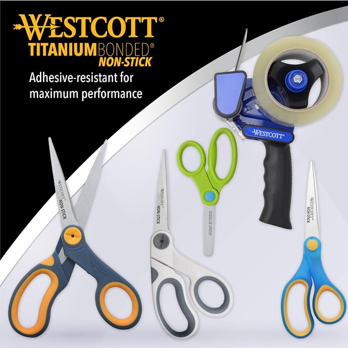 Westcott 5-Inch Non-Stick Titanium Scissors For Office and Home - Glide Adjust Technology - Grey/Yellow Craft, Fabric Scissors - 1 Pack