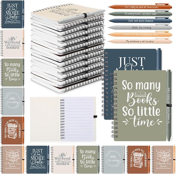 Thenshop 12 Sets Book Lover Gift Librarian Inspirational Spiral Notebook Pen Bulk Book Club Gift Reading Journal Librarian Back to School Gifts for Women Reader Teacher Bookish Bookworm (Morandi Color)