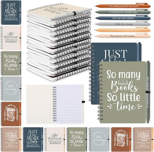 Thenshop 12 Sets Book Lover Gift Librarian Inspirational Spiral Notebook Pen Bulk Book Club Gift Reading Journal Librarian Back to School Gifts for Women Reader Teacher Bookish Bookworm (Morandi Color)
