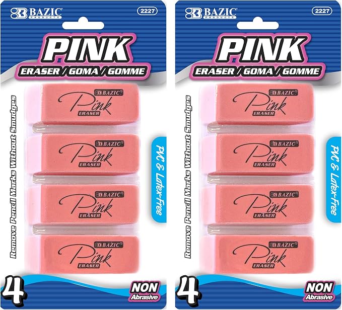BAZIC Products Pink Bevel Block Erasers, 4 Count, 2-Pack | latex-free and PVC-free, pink beveled block erasers, Clean erase, smudge-resistant, school, home