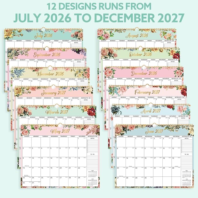 2026-2027 Wall Calendar, 14.5" x 11.8" 18 Month Watercolor Floral | July 2026-December 2027 120Gsm FSC-Certified Paper Monthly Calendar, Twin-Wire Binding, Ruled Blocks, Holiday Reference