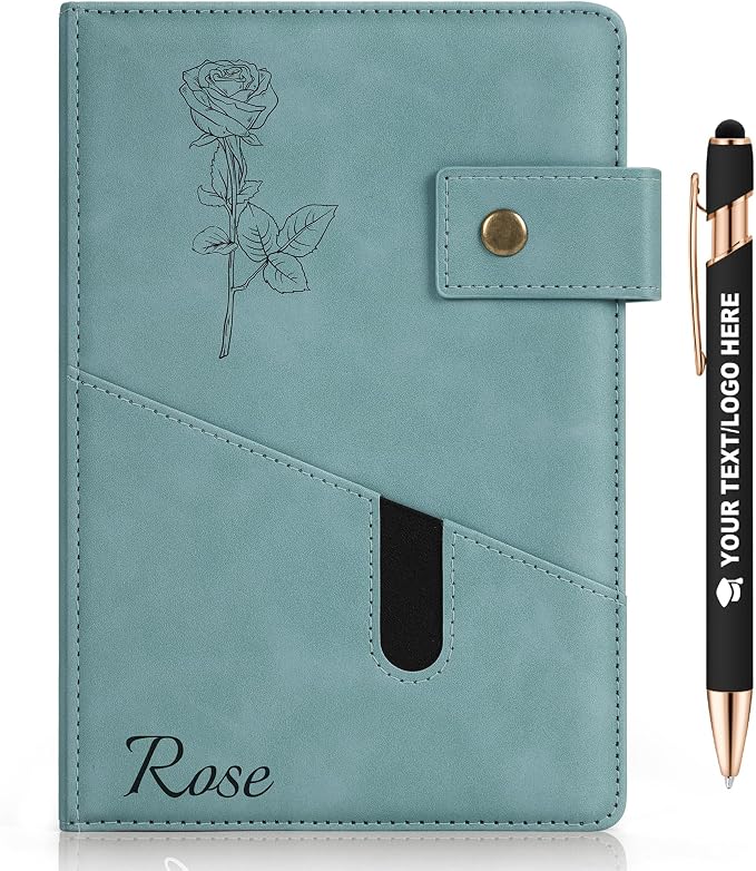 ENOMY Personalized Notebook Set Custom Leather Journal with Stylus Pens Gift,Light Blue