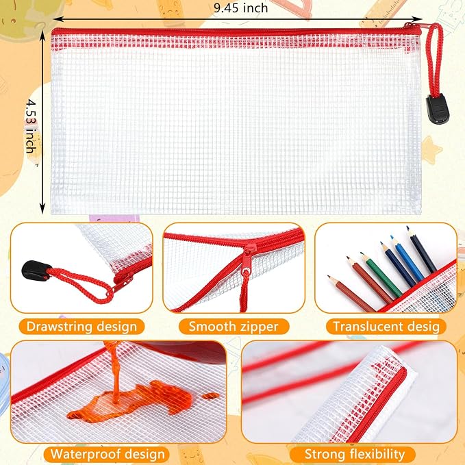Handepo 100 Pack Mesh Zipper Pouch Pencil Pouches Bulk Clear Storage Bag Small Waterproof Purse Bag Multipurpose for Cash Board Game Passport Office(A6/9.45x4.53in,White Pouch Red Zipper)