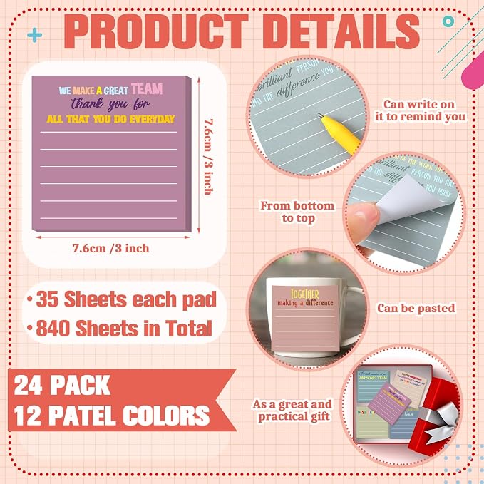 Yinder 24 Pcs Sticky Notes Gifts Bulk,Thank You,Morandi