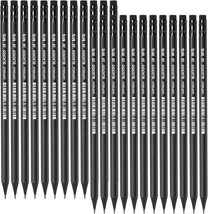 M&G BLACKOO Series 2B Wood-Cased Pencils, 24-Pack Pre-Sharpened with Top Erasers, Bulk Black Pencils for School, Teachers, Writing, Drawing and Sketching (Black)