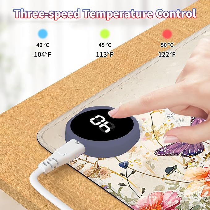Heated Desk Pad Large Mouse Pad 23.6 x 14.1 inch with 3 Levels Heating & Auto Shut-Off Warm Mouse pad PU Leather Computer Mousepad for Home Office Work - Watercolor Butterflies and Flowers