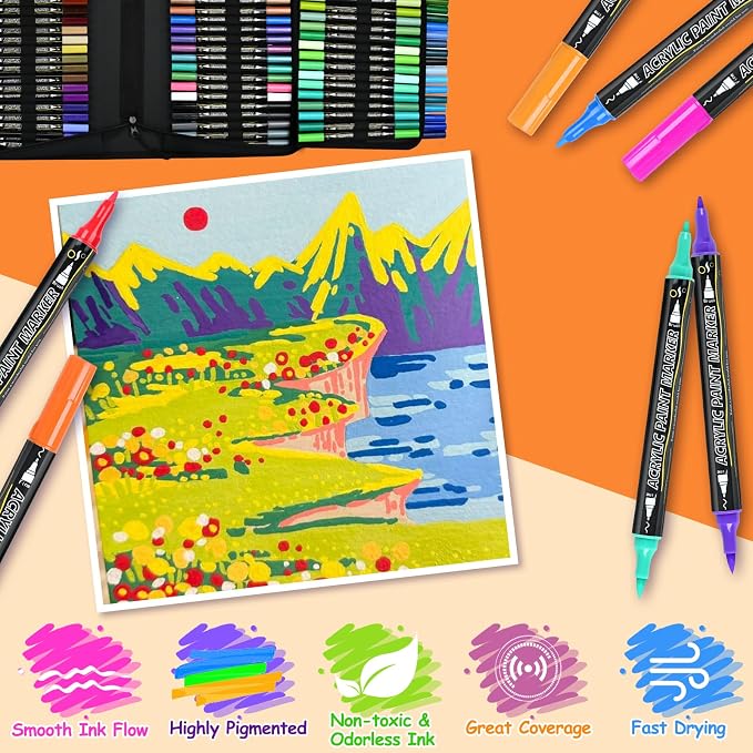 100-Pack Acrylic Paint Pens, Dual Tip with Brush & Fine, Carrying Case | 88 regular +12 metallic color, Ideal for rock, canvas, wood, fabric, Black Paper, Photo Album, Card Making, DIY Crafts