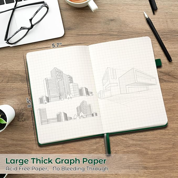 Graph Paper Notebook, Hardcover Leather Grid Notebook Journal for Women Men | No Bleed Thick Paper for Smooth Writing, Lay Flat, A5 Portable Size for Work, School, and Travel, Professional Business Style