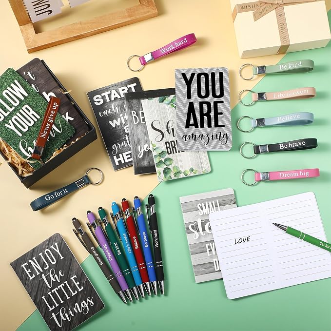 PerKoop 48 Pcs Inspirational Gifts Bulk Motivational Notepads Ballpoint Pens Keychains Set Modern Farmhouse Journal Notebooks Christian Gifts for Teachers School Office Party Favor Supplies