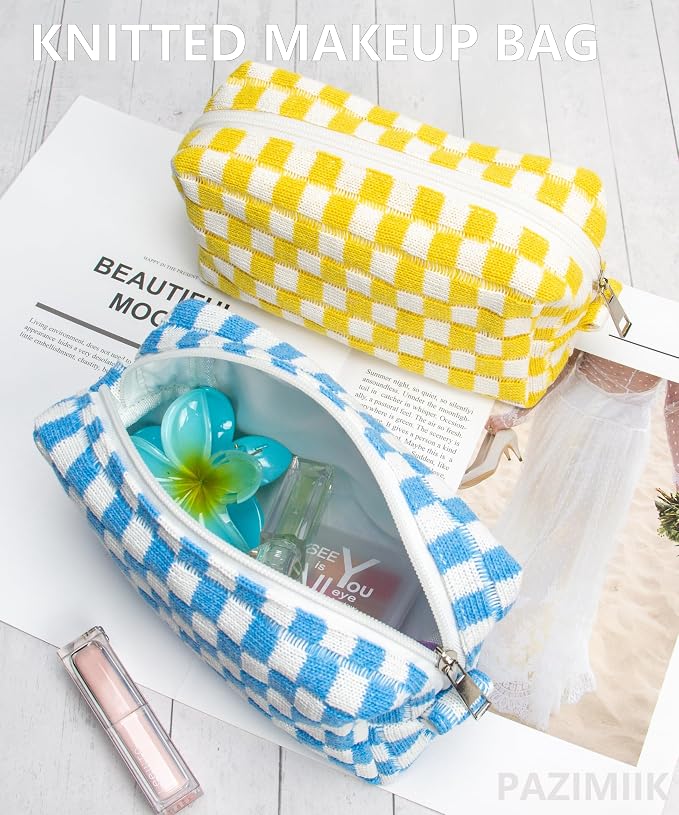 Checkered Makeup Bag for Purse, Small Travel Cosmetic Pouch,Sky Blue | Cute Zipper Makeup Organizer for Women, Travel Essentials, Toiletries, Makeup Brushes, Beauty Accessories&Bridesmaid Gifts