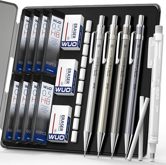 WUO 0.5mm Mechanical Pencil Set with Eraser Pen, 4PCS Metal Mechanical Pencils, 480 HB Lead Refills, 3PCS 4B Erasers, 10PCS Eraser Refills for Writing, Drafting, Drawing & Sketching