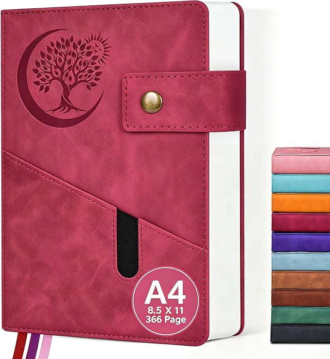 PAIBAS 8.5 x 11 Lined Notebook Journal 366 Pages Leather Journal for Women | Big notebook with 100gsm lined notebook paper college ruled, 3 ribbon bookmarks, front pocket slot & snap button.