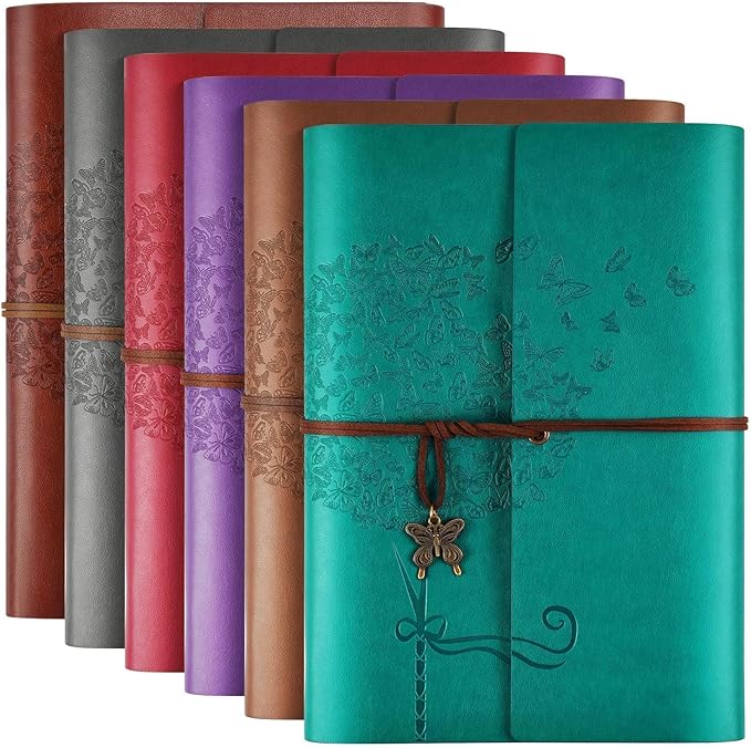 6 Pack Leather Notebook Journal, Travel Journal Bulk, Refillable Vintage Journals for Writing, Diary Gifts for Women, Men, Girls, Boys, 100GSM Lined Paper, Each 160 Pages & 2 Pockets (A5, 9.2" x 6.5")