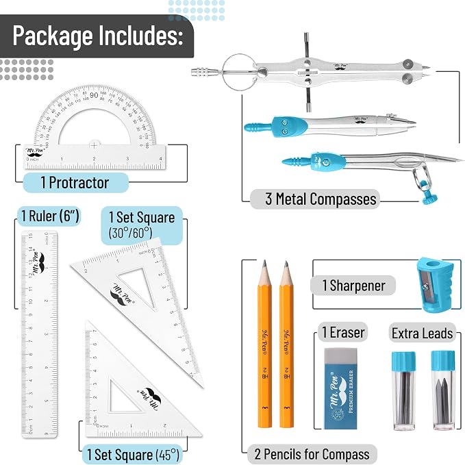 Mr. Pen 13 Piece Geometry Set with Shatterproof Storage Box, Blue | 45° & 30°/60° Set Squares, Pencils, Lead Refills, Sharpener & Eraser for Math, Drafting & Classroom Use