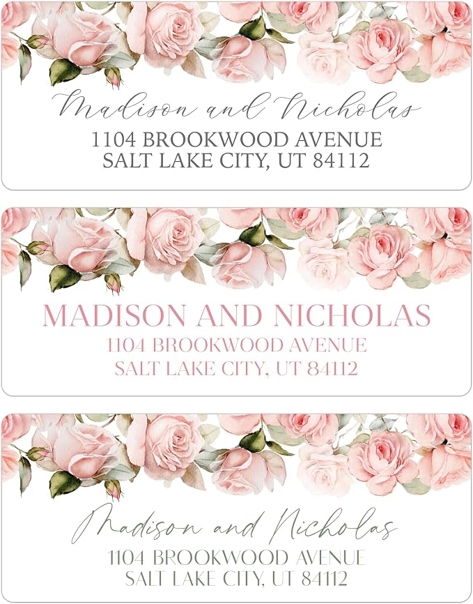 Return Address Labels Personalized with Your Choice of 30 Flower Styles - Choose Font and Font Color or Add Custom Text - Perfect for Wedding Envelopes (015 Pink Roses)
