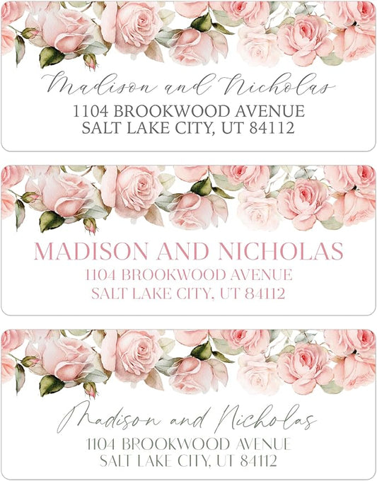 Return Address Labels Personalized with Your Choice of 30 Flower Styles - Choose Font and Font Color or Add Custom Text - Perfect for Wedding Envelopes (015 Pink Roses)
