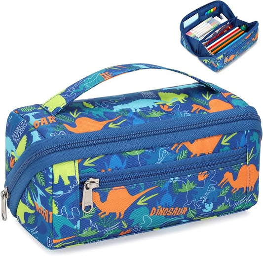 Large Pencil Case for Boys - Aesthetic Pencil Pouch for School | Kids Pencil Case & Wide Handle, Water Resistent Organizer Box,Fits 50 Pens & Markers, Daily Use, Blue Dinosaur