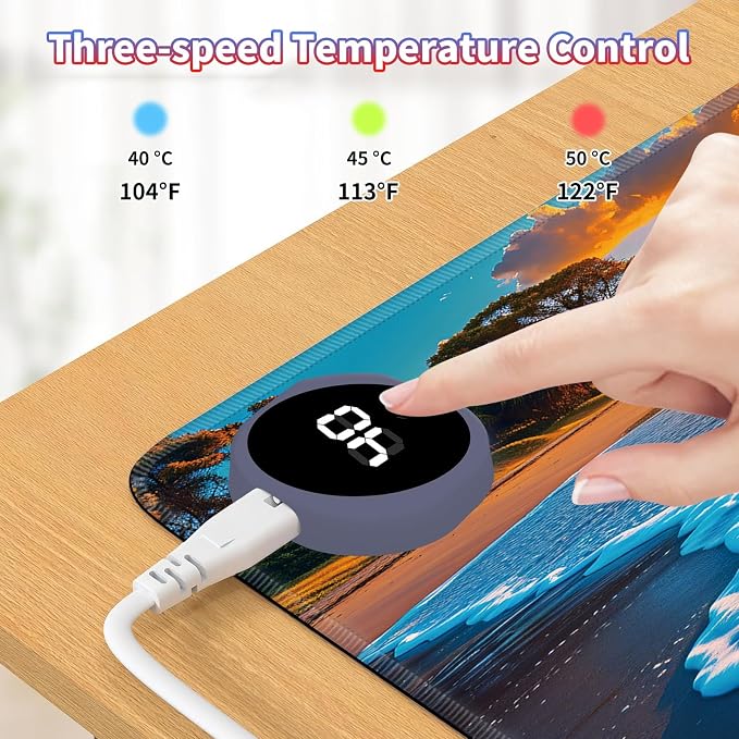 Heated Desk Pad Large Mouse Pad 23.6 x 14.1 inch with 3 Levels Heating & Auto Shut-Off Warm Mouse pad PU Leather Computer Mousepad for Home Office Work - Sunrise Beach