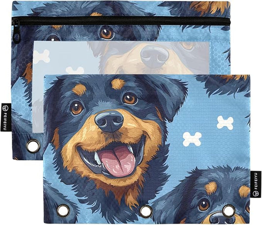 Rottweiler Bone Dog Pencil Pouch for 3 Ring Binder 2 Pack Zipper Binder Pencil Bag with Clear Window Pencil Case for Office Supplies