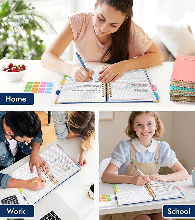 5 Subject Graph Paper Notebook with Removable Dividers Tabs, 300 Pages Hardcover Leather Grid Spiral Journal, 8"x10" B5 Large Graphing Notebooks for Women Men Work School College Engineering, Navy