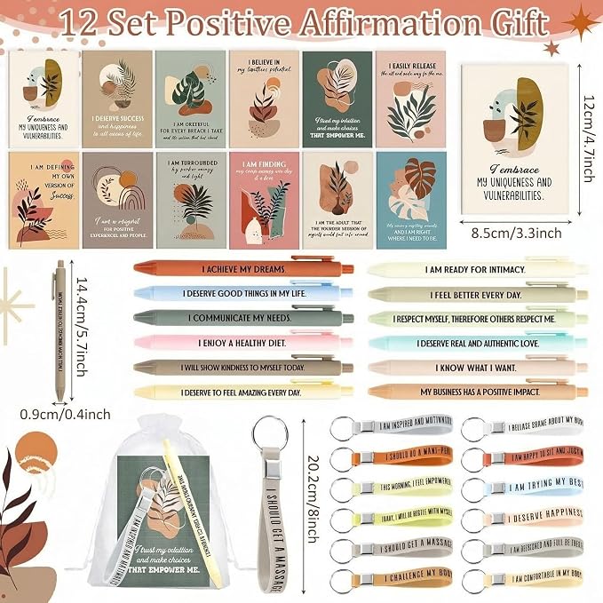Mooliwe 12 Set Positive Affirmation Gift Set Gratitude Notebooks with Pens Keychains Small Bags Motivational Party Favors for Adult Women Coworkers Employee Group (Plant)