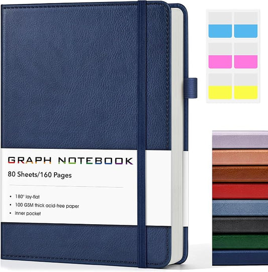 A5 Leather Hardcover Graph Paper Notebook, 160 Pages (5 Squares/Inch), 180° Lay-Flat Binding, 100 GSM Thick Paper, for Math, Engineering, Students & Technical Work (Navy)