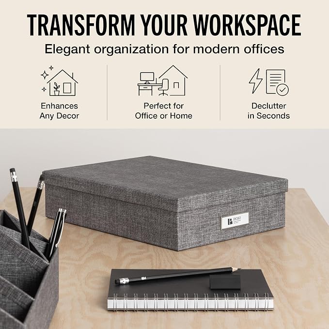 Bigso Oskar Canvas Fiberboard Document Letter Box for Important Paperwork A4 or Letter Size - Durable Keepsake Box with Lid and Metal Label Holder - 3.3in x 10.2in x 13.8in - Melange Grey