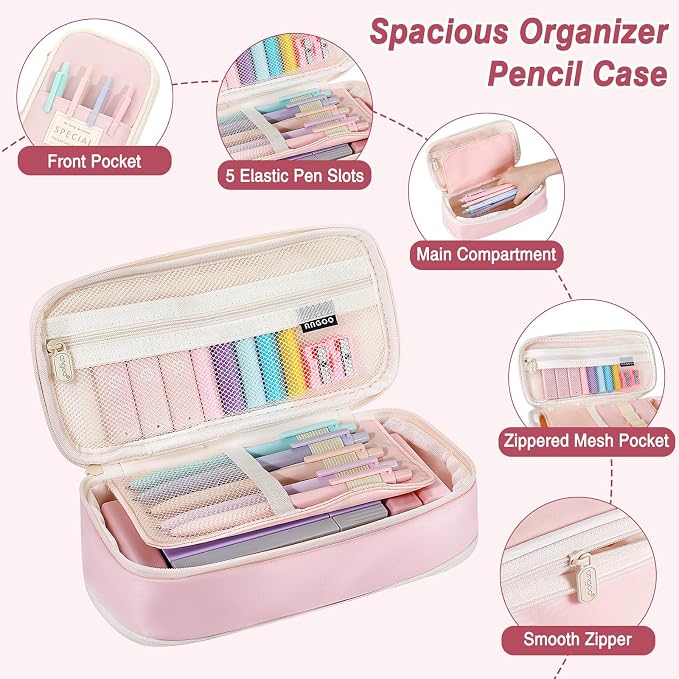 MoKo Pencil Case with Supplies, 59Pcs Aesthetic School Set, Pink | Includes gel pens, wooden and mechanical pencils, 0.5 and 0.7 mm refills, highlighters, erasers and sharpeners.