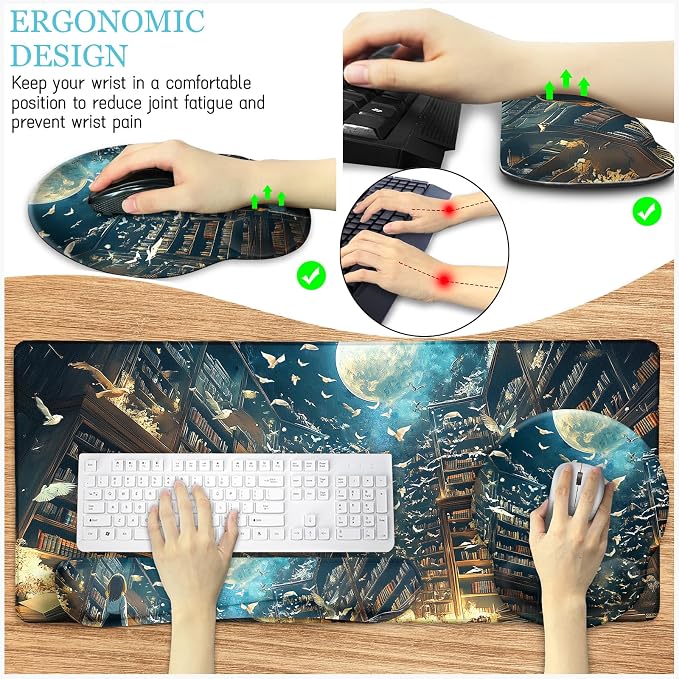 LIMKRIAN Anime Book Mouse Pad Set Large Desk Matt for Desktop Decor | Ergonomic Mouse Pad Wrist Rest, Gaming Computer Mat Keyboard Wrist Support, Coaster, Home Office Desk Accessories for Women