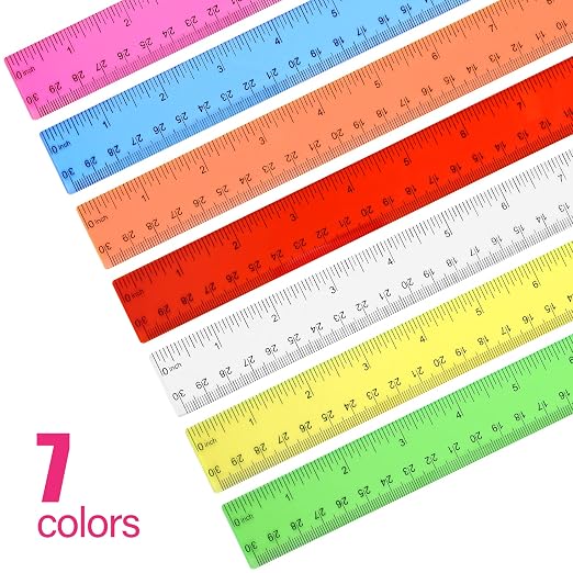 Unjoo Clear Plastic Ruler 12 Inch Straight Rulers, Assorted Colors (8 Pack) | Shatterproof Ruler with Inches and Centimeters, Easy-to-Read Markings, Drafting Ruler for School Classroom, Home, or Office