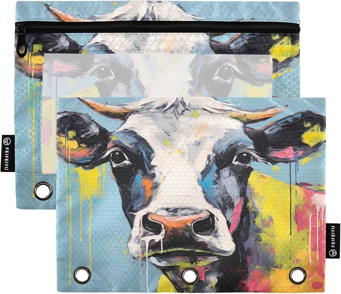 Funny Cow Farm Animals Pencil Pouch Fits standard 3-ring binders, Zipper Binder Pencil Bag with Clear Window for Class Office 2 Pack