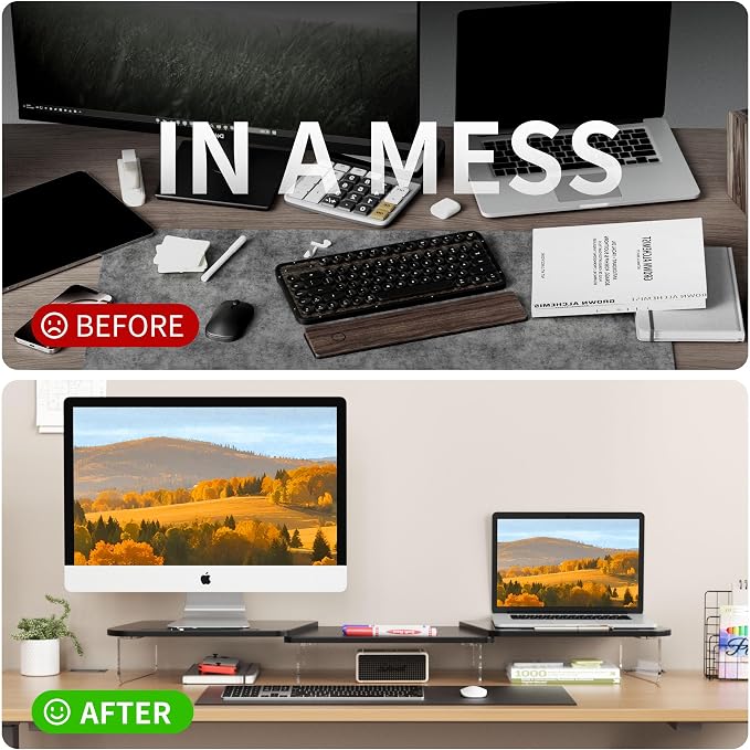 AFOOYO LED Dual Monitor Stand Riser for 2 Monitors,Office Desktop Wooden Stand Adjustable Length and Angle 3 Shelf,Extra Long Multifunctional Stand up to 39.3" for Computer,Laptop,TV,Black
