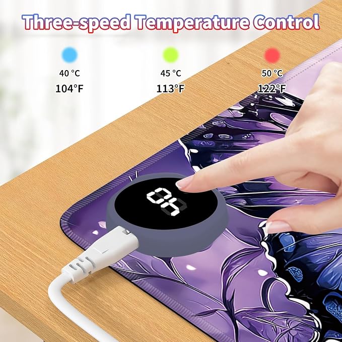 Heated Desk Pad Large Mouse Pad 31.5 x 13 inch with 3 Levels Heating & Auto Shut-Off Warm Mouse pad PU Leather Computer Mousepad for Home Office Work - Purple Rose and Butterflies