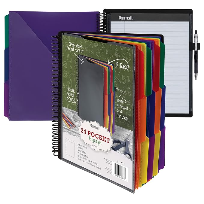 Samsill Spiral Folder Organizer - 12 Dividers & 24 Pockets with Notepad Holder, Multi Pocket Color Cordinated Folder Binder with Customizable Tabs, Document Organizer (Basic)