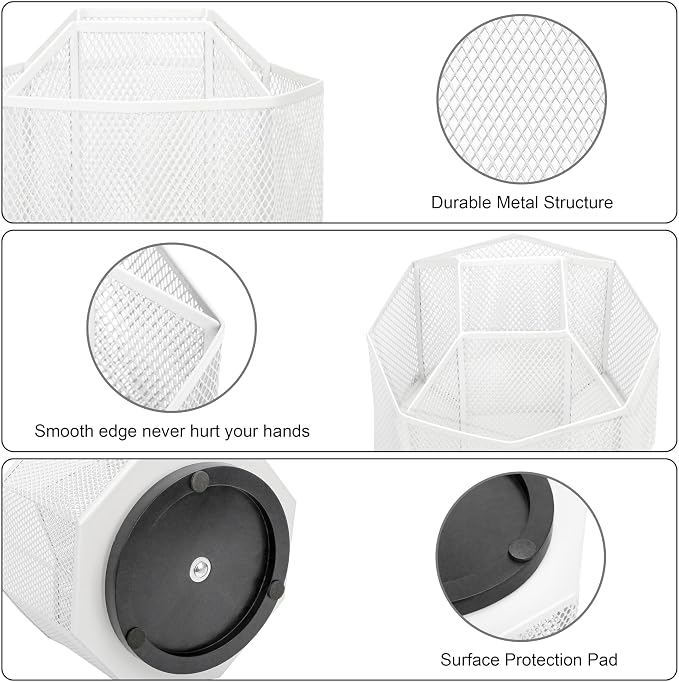 Exerz Desk Organizer 360 Rotating Pen Holder 5 Compartments Caddy White | Smooth Spinning Base with Open Mesh Sections Easy Access to Pens Brushes Scissors Daily Desk Tools
