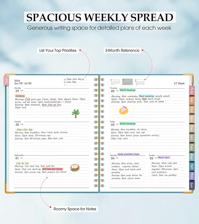 Academic Planner 2026-2027, Hardcover Leather Weekly and Monthly Calendar Planner from July 2026 - June 2027, A5 6.1" x 8.2" Daily Agenda with Tabs, College School Organizer for Student Teacher, Pacific Green
