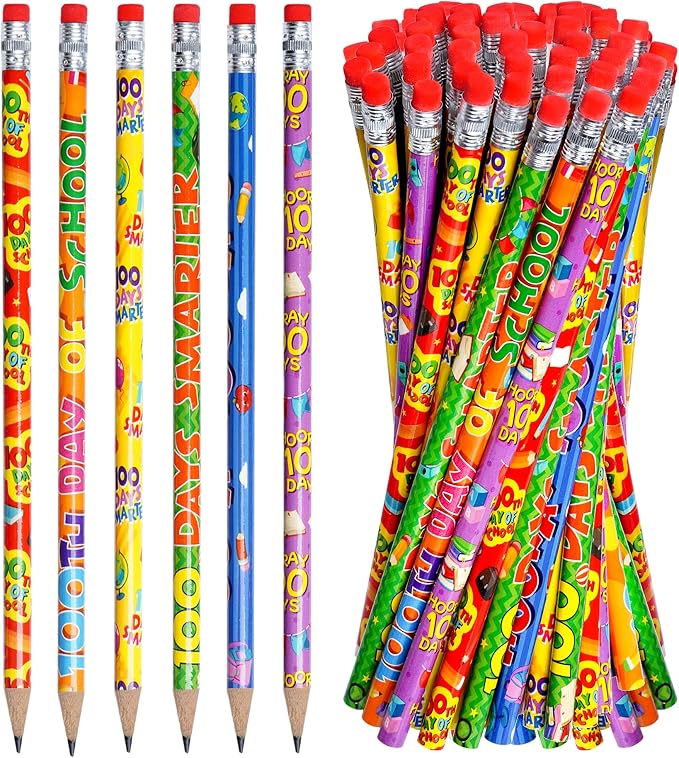 48PCS 100th Days of School Wooden Pencils with Erasers, Novelty Awards Incentives Pencils, Assortment colorful pencil for School Office Giveaways Party Supplies (100th Days)