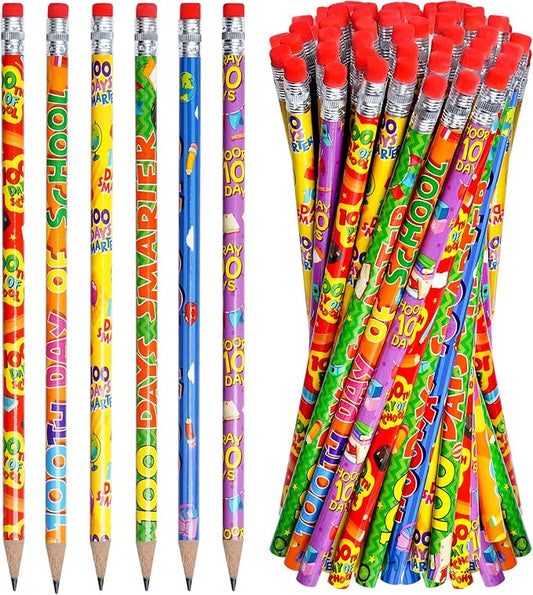 48PCS 100th Days of School Wooden Pencils with Erasers, Novelty Awards Incentives Pencils, Assortment colorful pencil for School Office Giveaways Party Supplies (100th Days)
