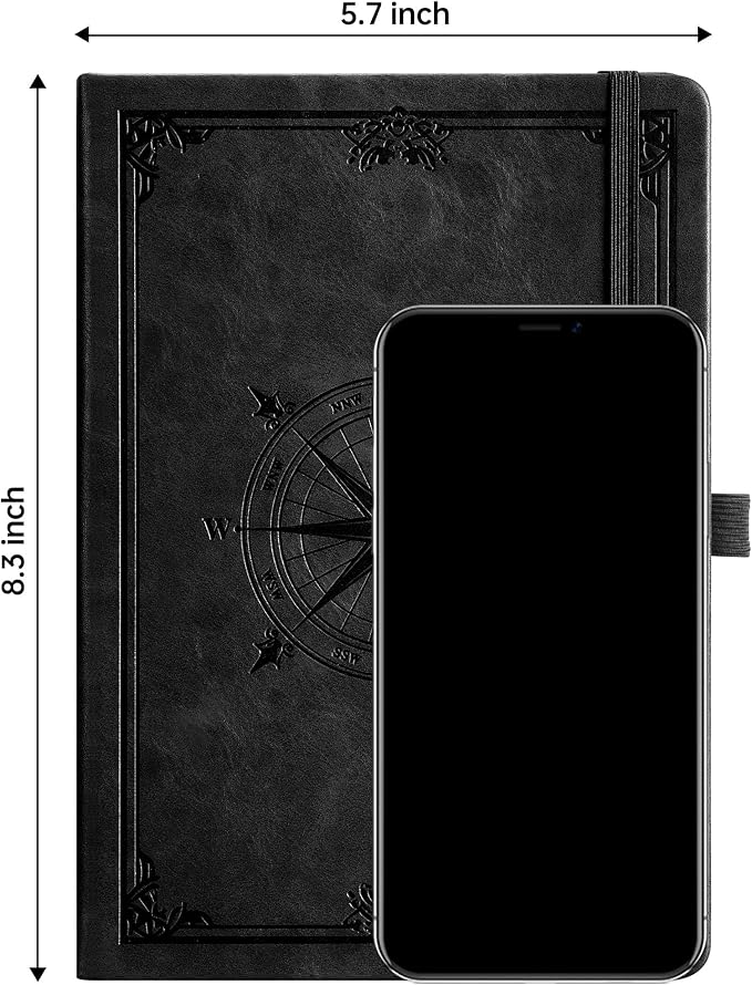 AHGXG Dotted Journal Notebook, 192 Pages, A5 Medium Size (5.7'' x 8.3'') | Leather Hardcover, 100 GSM Thick Paper, for Journaling, Planning, Tracking (Black)