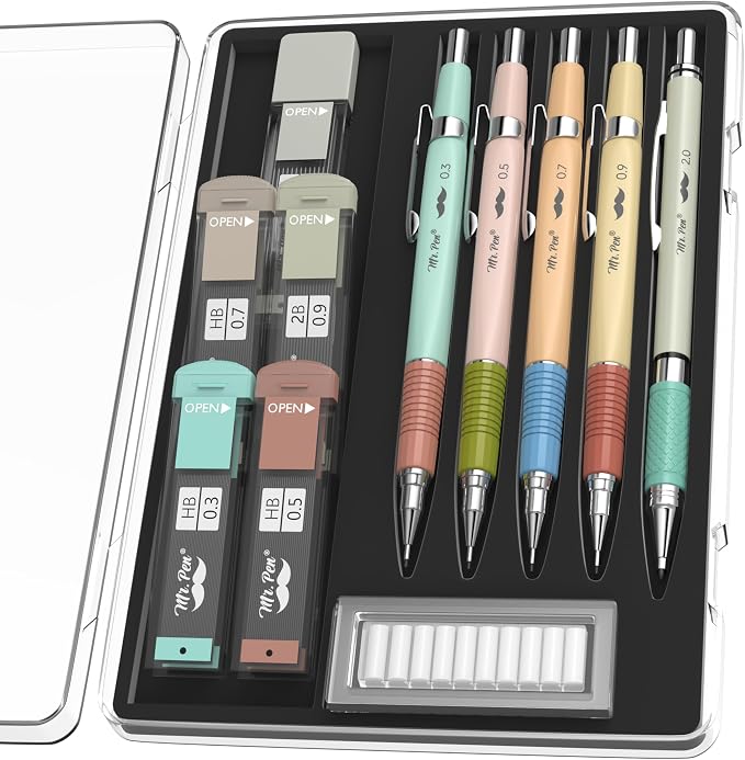 Mr. Pen- Art Mechanical Pencil Set, 5 Metal Mechanical Pencils (0.3, 0.5 | 0.7, 0.9, 2.0mm), 5 HB Lead Refills & 10 Eraser Refills, Precision Drawing Pencils for Sketching, Writing & Technical Artwork