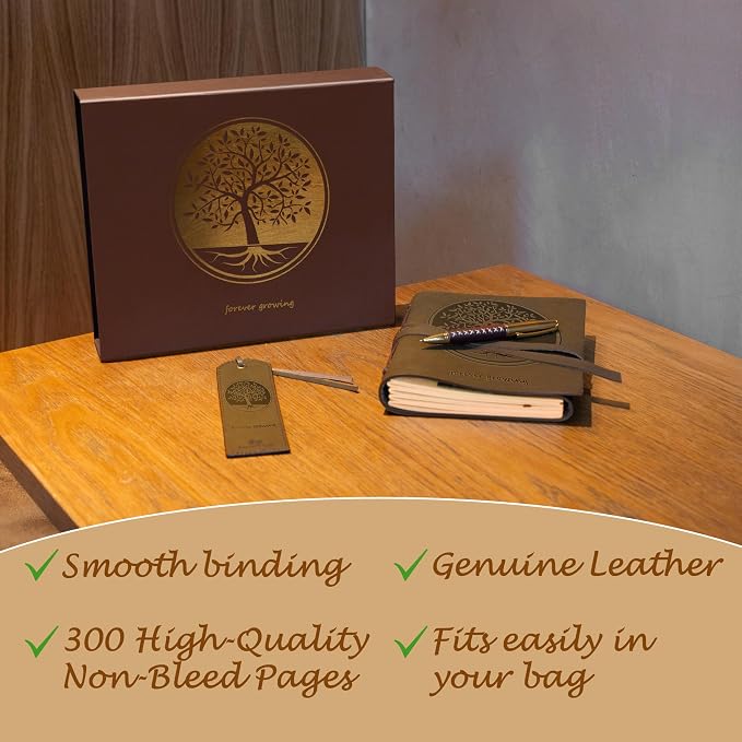 Leather Bound Journal for Men and Women, Handmade Gift Set with Tree of Life Embossed Journal and Stylish Pen, Vintage and Classic, Notebook, Sketchbook, Planner and Diary (300 Pages) (8x6")