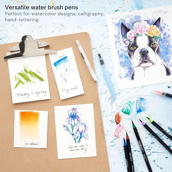 ARTEZA Water Brush Pens, Set of 4, Refillable Self-Moistening Watercolor Brush Pens with Assorted Round Nylon Tips for Painting, Calligraphy, Lettering and Travel