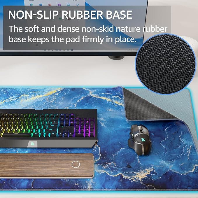 KTRIO Large Gaming Mouse Pad, Desk Mat, 31.5 x 15.7 in, Blue Marble, XXL | Smooth Micro-Weave Surface, Artistic Pattern Design, Non-Slip Rubber Base, Durable Stitched Edges, Office & Home Use